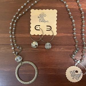 Handmade Grey Beaded Necklace & Earrings Set NWT